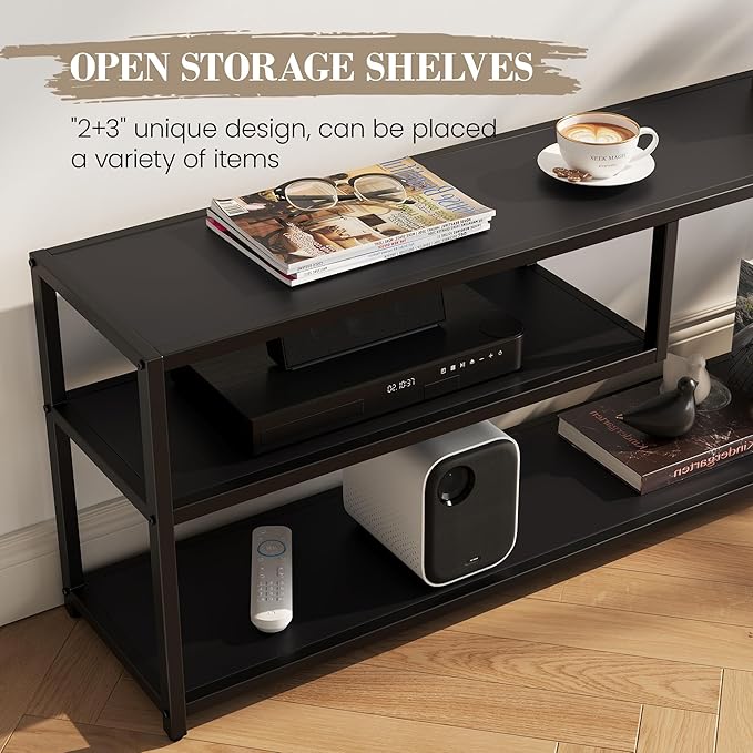 TECHMILLY Modern TV Stand for 55" TV, TV Table with Storage Shelves, Entertainment Center with Metal Frame, TV Console Table for Living Room, Bedroom, Black