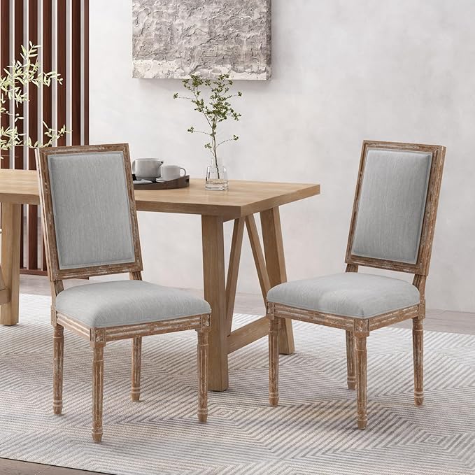 Merax Upholstered Solid Wood Dining Chairs Set of 2, French Country Style Accent Side Seating Furniture for Kitchen, Living Room, Cushioned Back, Light Grey