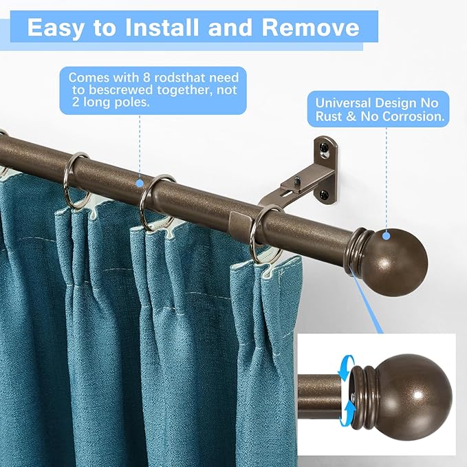 Curtain Rods for Windows 16 to 120 Inches, Curtain Rod Max Adjustable Length of 132 IN, 1" Diameter Drapery Rods Round Finials, Brown, Pack of 1