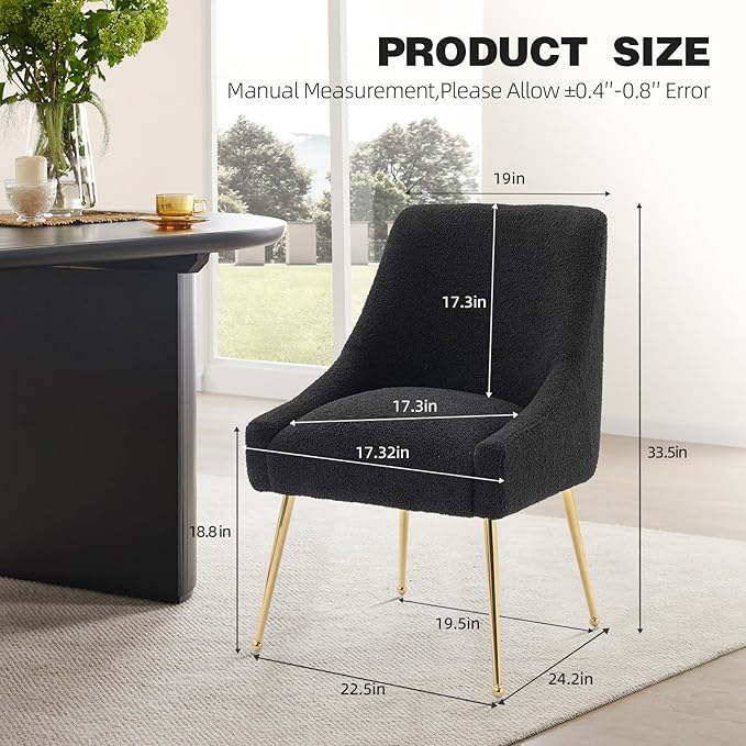 Dining Chairs Medieval Modern Restaurant Chairs, Soft Cushions, Teddy Velvet, Polished Gold Metal Legs, Kitchen Chairs, Living Room Black 6-Piece Set