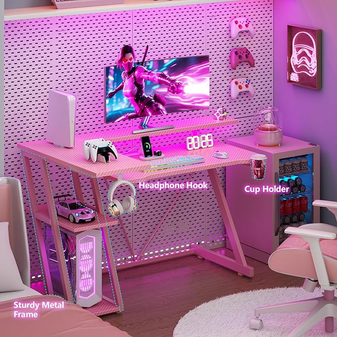 40 Inch Pink Gaming Desk with Power Outlet & LED Lights, Corner Computer Desk with 3 Tiers Storage Shelves, L Shaped Gaming Desk with Monitor Stand for Bedroom