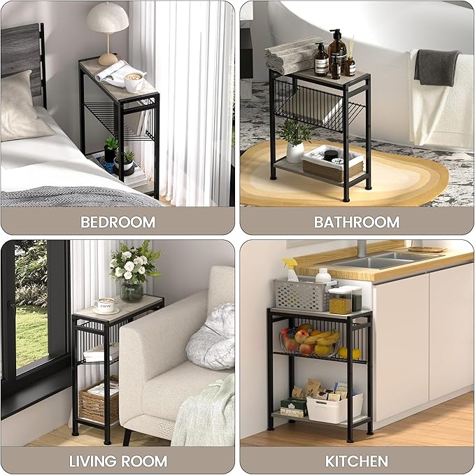 Small Side Table Set of 2 for Small Space, 3-Tier Narrow End Table with Magazine Holder, Slim Nightstand, Skinny Snack Couch Table in Living Room, Bedroom, Kitchen and Balcony (Greige)
