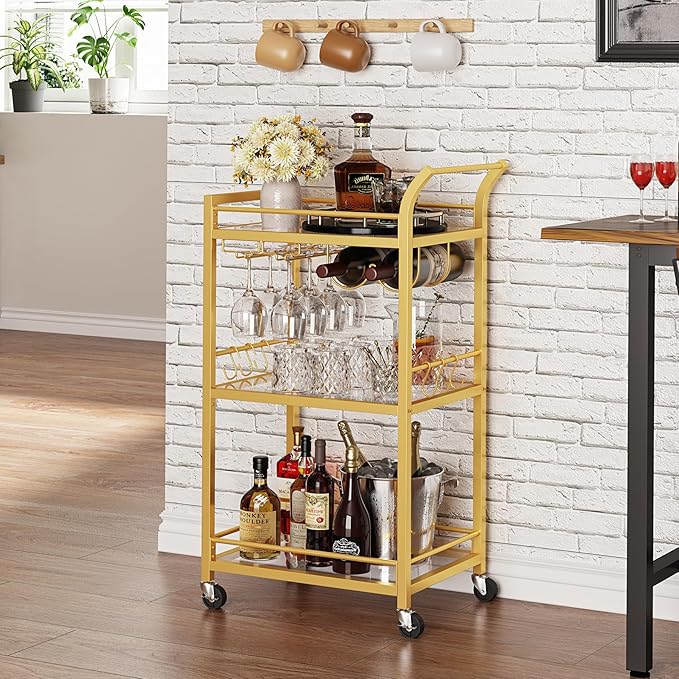 TUTOTAK Bar Cart, Home Bar Serving Cart with 3-Tier Mirrored Shelf, Wine Cart, Mobile Kitchen Shelf, Gold BC01BB034