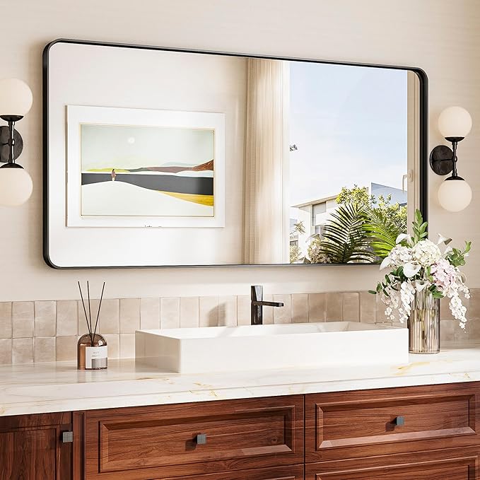 TokeShimi 48x24 Matte Black Bathroom Mirror for Over Sink,Bathroom Mirror Rectangle with Tempered Glass,Vanity Mirror with Seamless Aluminum Frame(Horizontal/Vertical)