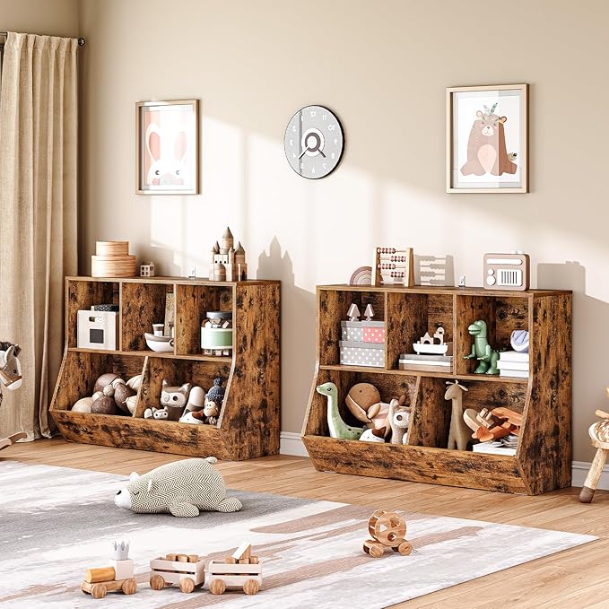 HOOBRO Kids Bookshelf, Bookcase Footboard, Toy Storage Cubby, Children's Toy Shelf, 39.4" L Toy Storage Cabinet, Fit for Children's Room, Playroom, Hallway, Kindergarten, Rustic Brown BF132CW01