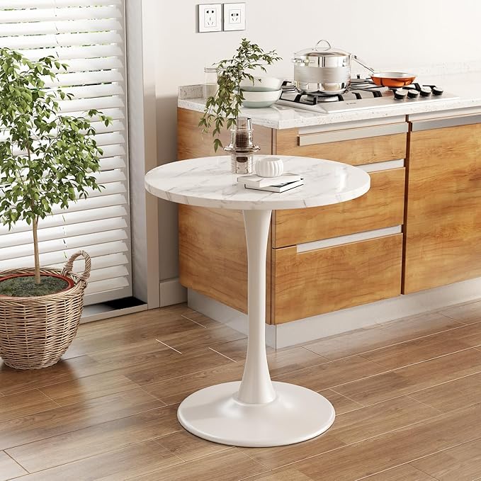 White Round Table Modern Dining Table Marble Texture Tulip Round Kitchen Table Mid Century Coffee Table for Living Room, 24 inch