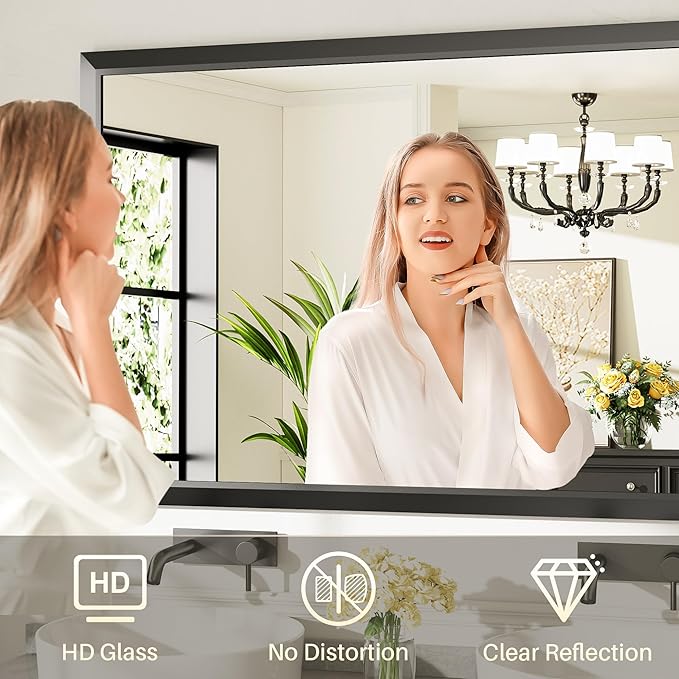 50x30 Inch Black Bathroom Mirror for Wall, Thick Metal Framed Rectangle Mirrors for Over Sink, Bedroom, Living Room, Entryway, Anti-Rust, HD Tempered Glass