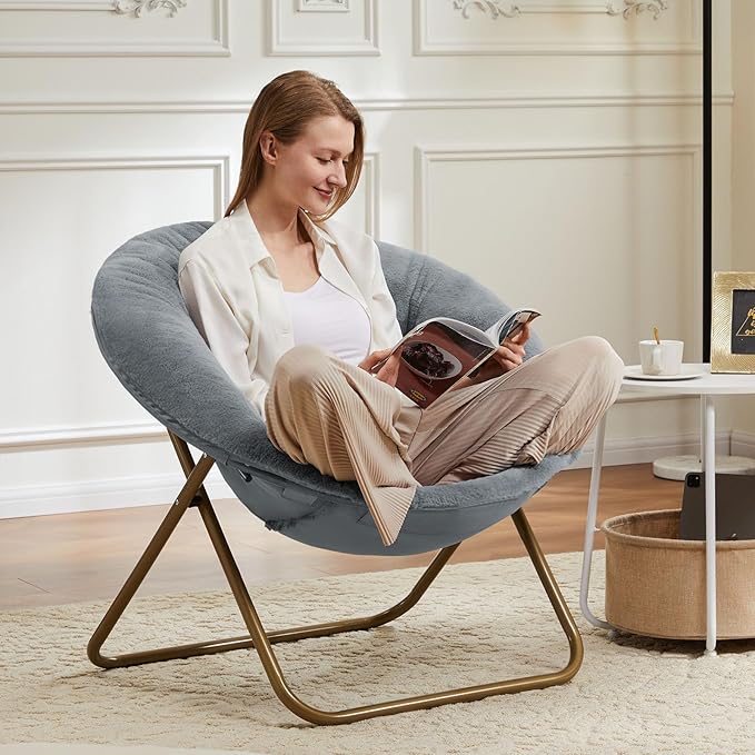 Saucer Chair Faux Fur with Soft and Thick Padded Seat Metal Frame, Modern Style Folding Cozy Chair for Bedroom, Living Room,XL, Grey