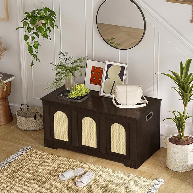 DINZI LVJ Storage Chest, 39.4" Rattan-Like Storage Box with 2 Safety Hinges, Wooden Entryway Shoe Bench with Flip-Top, Bedroom, Easy Assembly, Espresso and Natural