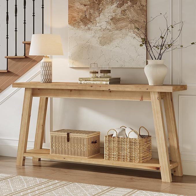 LITTLE TREE 70.9" Solid Wood Console Table for Entryway, 2-Tier Sofa Table Behind Couch, Farmhouse Entryway Table for Living Room, Bedroom, Foyer