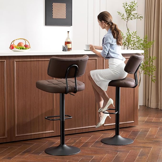 Furniliving Modern Bar Stools Set of 2 Faux Leather, Upholstered Swivel Barstools with Back, Adjustable Bar Chairs Counter Height for Kitchen Island, Dining Space, Brown