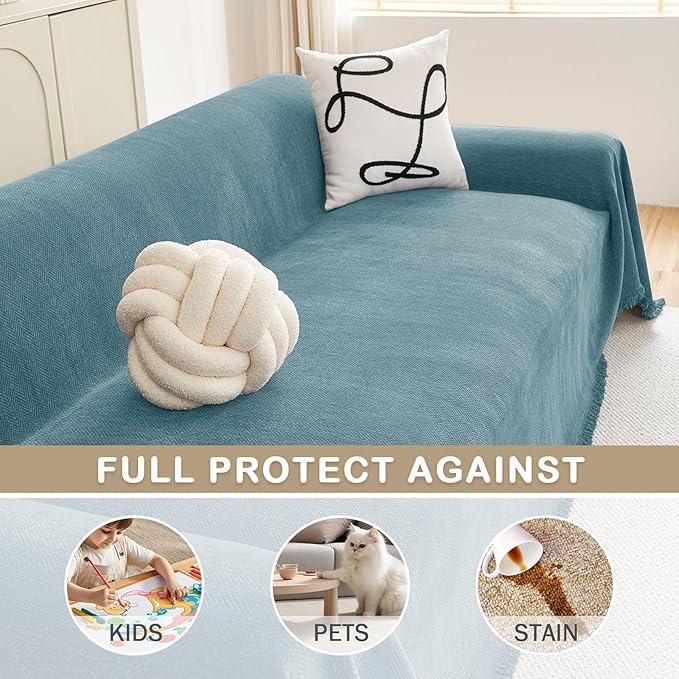 hyha Couch Cover for Dogs, Boho Sofa Covers for 3 Cushion Couch Washable, Chenille Sofa Slipcover for Pets, Soft Loveseat Sectional Couch Throw Blankets with Tassels (Blue, 88.5x150 Inch)