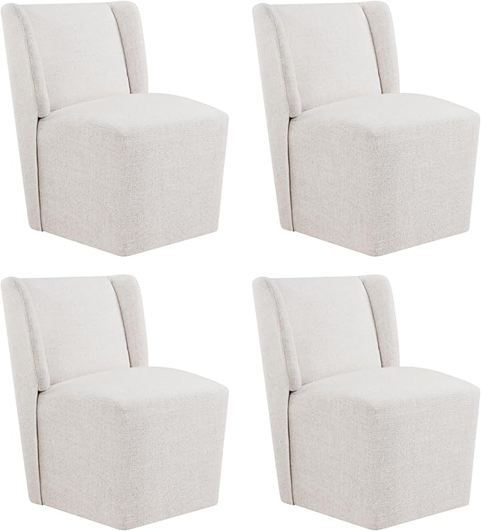 Upholstered Dining Chair with Casters Wingback Modern Side Armless Deskchair with Rollers for Diningroom Bedroom Livingroom Reading Room,Linen,4 Box