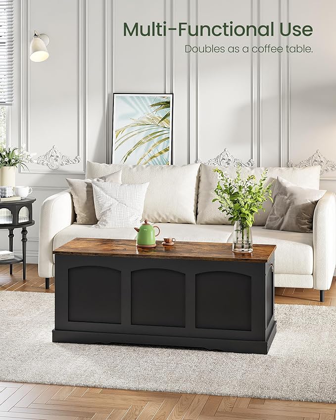 39.4" Storage Chest Bench with Lift Lid, Toy Chest with Safety Hinge, Entryway Shoe Bench, Wooden Storage Trunk, Holds up to 220 lb, for Living Room, Bedroom, Black and Rustic Brown MCW12BF