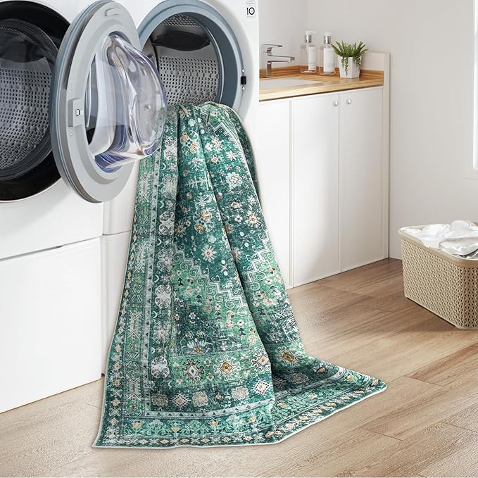 zesthome 5x7 Area Rugs - Ultra-Thin Washble Rug, Stain Resistant Anti Slip Backing Rugs for Living Room,Bedroom, Vintage Home Decor Area Rug(Green/Teal,5'x7')