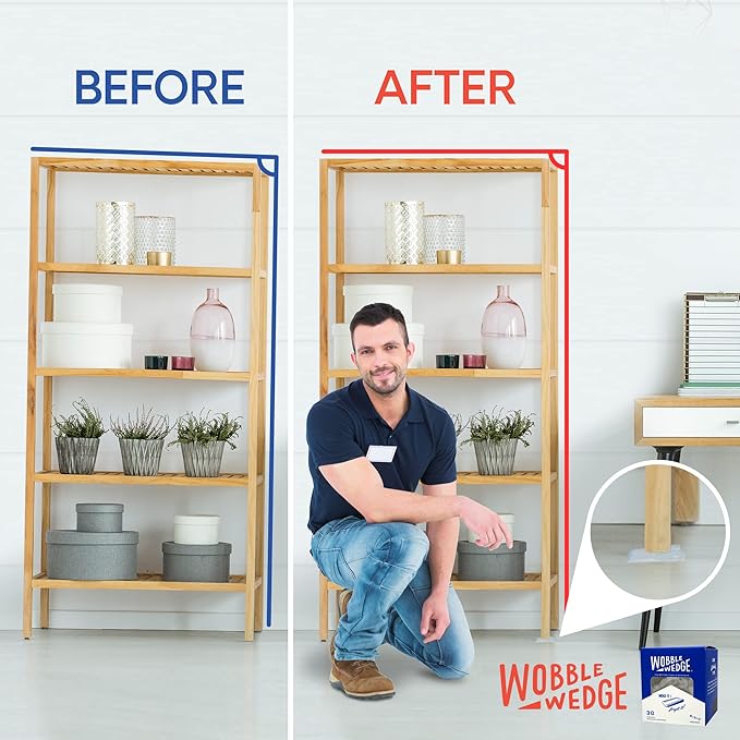 The Original Wobble Wedge Rigid Plastic Shims-MADE IN USA - Heavy-Duty Leveling Wedges for Furniture, Tables, Toilets, Home Improvement & Work Projects-Transparent Plastic Shim, Leveling Feet, 30 Pack