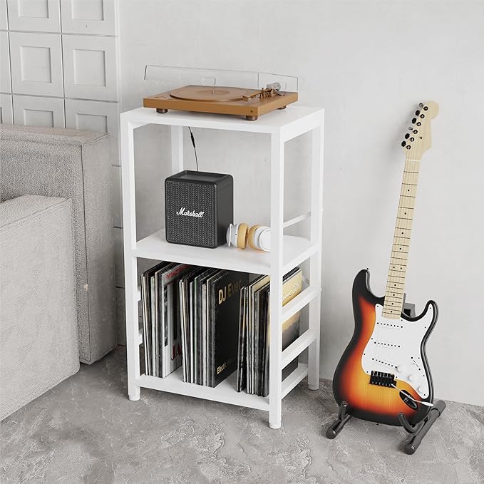 End Table with LED Light,Record Player Stand with Albums Storage,Vinyl Records Storage,Turntable Stand Side Table for Music Room Studio Living Room Bedroom-Rustic White