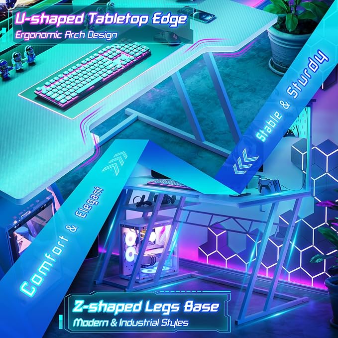 Armocity Gaming Computer Desk with Power Outlets, Gaming Desk with Hutch and LED Lights, Reversible PC Gaming Desk with Pegboard, Carbon Fiber White, 47"