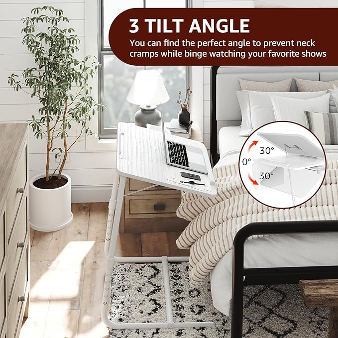 TV Trays Set of 2 - Folding TV Tray Adjustable Dinner Trays for Eating On Couch Wooden Tables Mate Stand Foldable White Desk with Cup Holder Portable