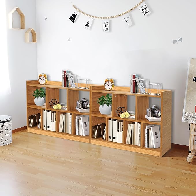 DOUSY- 7 Cube Bookshelf, Open Wooden Bookcase with Base, 2 Tier Cube Shelf Storage Organizer Shelf Display Rack Freestanding Horizontal Bookshelves for Bedroom, Living Room, Home Office