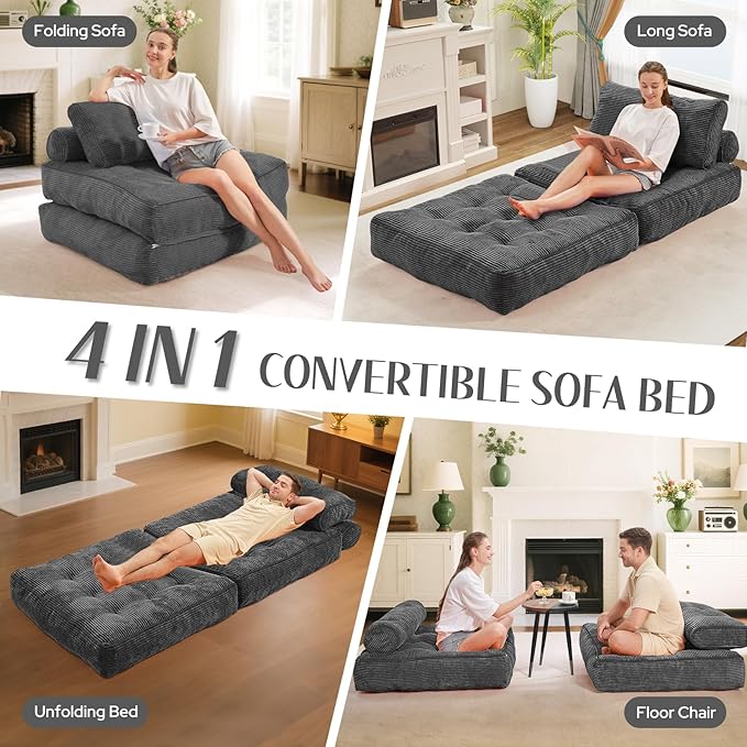 HABUTWAY Folding Sofa Bed, Convertible Sleeper Chair Bed w/Dual-Pillow & Handle, Foldable Floor Sofa Lounge w/Back Support for Living Room, Bedroom, Apartment, Office, Grey