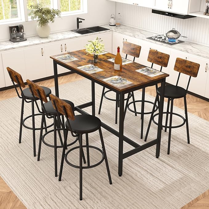 Rovibek Dining Table Set for 6, Bar Table and Chairs Set, Modern 6 Piece High Top Table and Chairs, Industrial Bar Height Pub Tables for Kitchen, Dining Room, Brown