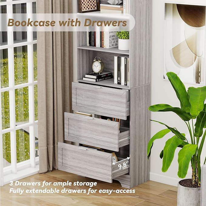 71'' Tall Bookshelf with Drawers,6 Tier Wooden Bookcase Storage Organizer,Freestanding Display Cabinet with Adjustable Shelves for Living Room, Bedroom