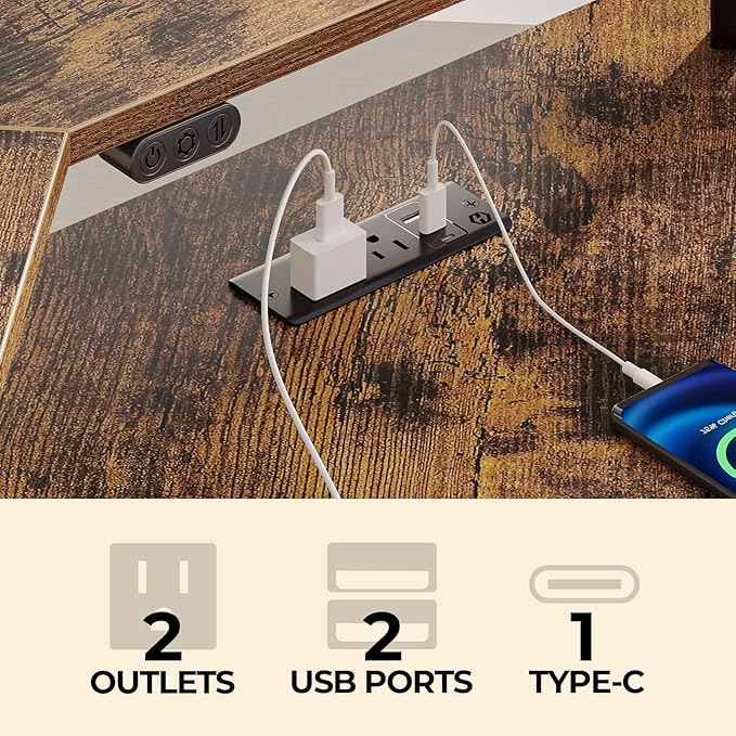 Rolanstar L Shaped Gaming Desk with LED Lights & Power Outlets, 46.2" Computer Desk with Full Monitor Stand & Storage Shelf, Corner Desk with Hooks, Rustic Brown Desk Reversible