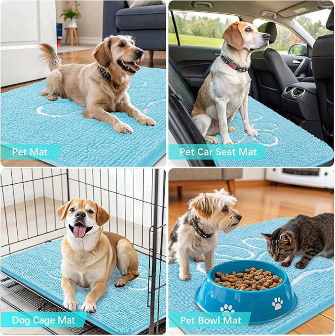 OLANLY Door Mat for Muddy Dog Paws 30x20, Ultra Absorbent Chenille Mud Doormat with Paw Print Design, Non-Slip Washable Doormat for Indoor Entryway, Quick-Dry Pet Bed Mats for Dirty Dogs, Blue