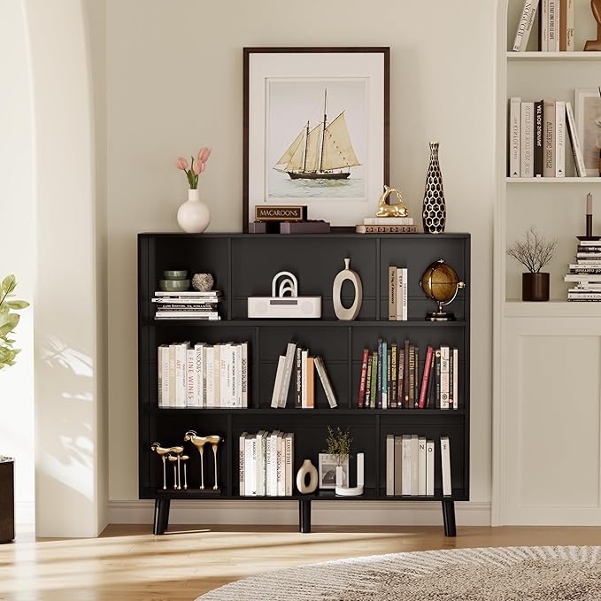 YESHOMY 9 Black Cube Bookcase, Open Frame 3-Tier Book Shelf, Bookshelf Storage Organizer with Feet & Anti-Tilt Device for Organization, Room Decor