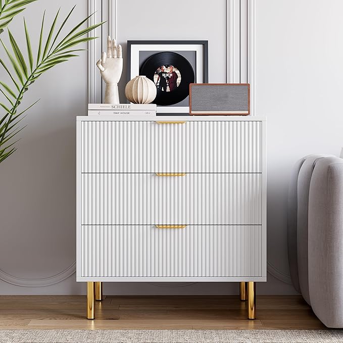 White Dresser, Modern 3 Drawer Dresser for Bedroom with Gold Handle and Large Drawer, Wood Double Chest of Drawers and Storage Organizer for Living Room, Hallway, Entryway