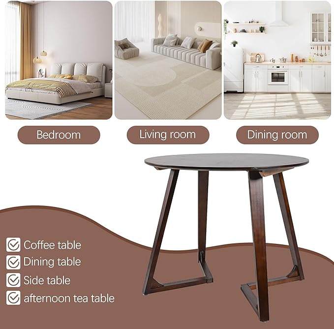Round Rubber Solid Wood Dining Table - Mid Century Modern Style with V-Shaped Wooden Frame Base, Multi-Functional as Meeting/Coffee/Leisure Table,Space Saving Design,24”