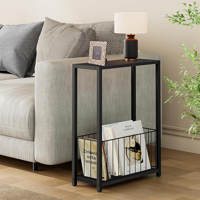 Narrow Side Tables Set of 2 with Magazine Holder, Skinny End Tables Perfect for Small Spaces, Space-Saving Design for Living Room, Bedroom, or Office, 7.1" D x 16.9" W x 23.6" H, Black
