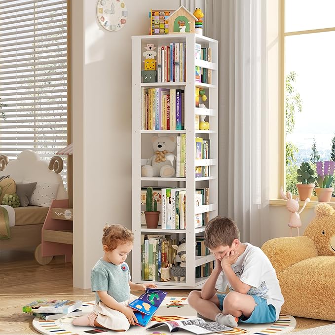 Homykic Rotating Bookshelf, Bamboo 360 Display Spinning Bookshelf Tower, 5-Tier Small Corner Bookcase for Small Spaces, Narrow Revolving Book Shelf Organizer Rack for Home Office, White