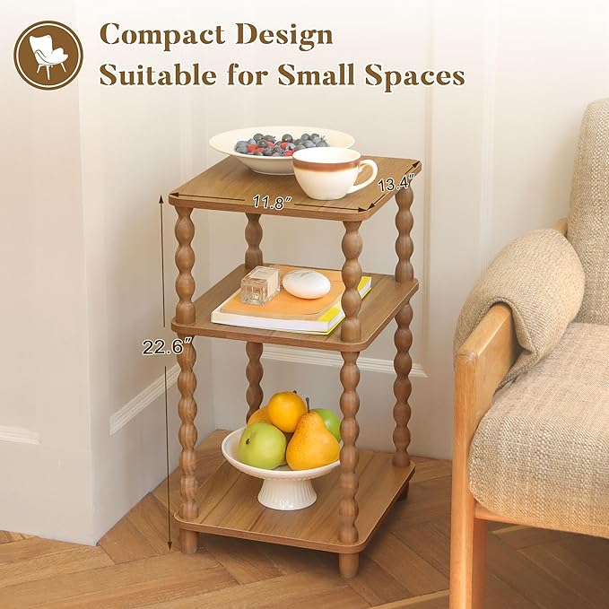 End Table, Small Side Table with 3 Tier Open Shelf, Modern NightStand Accent Table for Small Spaces, Living Room and Office (Caramel Tan)