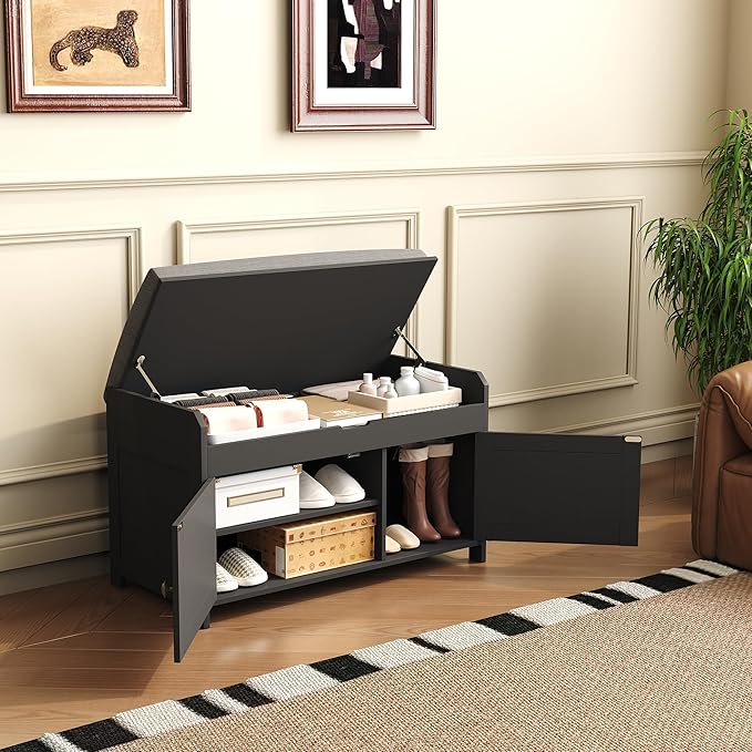 HOMEFORT 30" Shoe Bench with Lift Top Storage, Entryway Bench with Cushioned Seat, Wooden End of Bed Bench, Shoe Cabinet Bench with Hidden Storage Space, for Bedroom, Hallway,Black