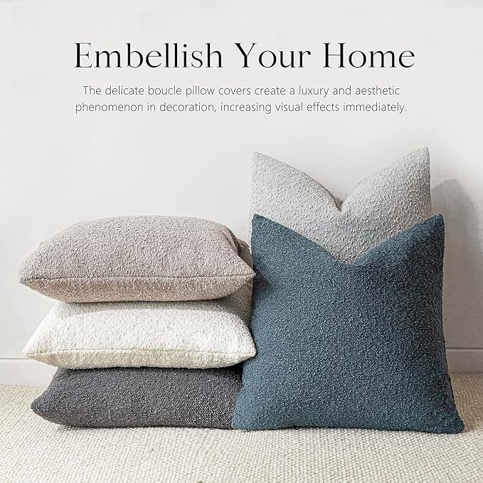 Foindtower Set of 2, Decorative Textured Boucle Throw Pillow Covers Accent Solid Pillow Cases Neutral Soft Cozy Couch Cushion Case for Chair Sofa Bedroom Living Room Home Decor 24 x 24 Inch Blue