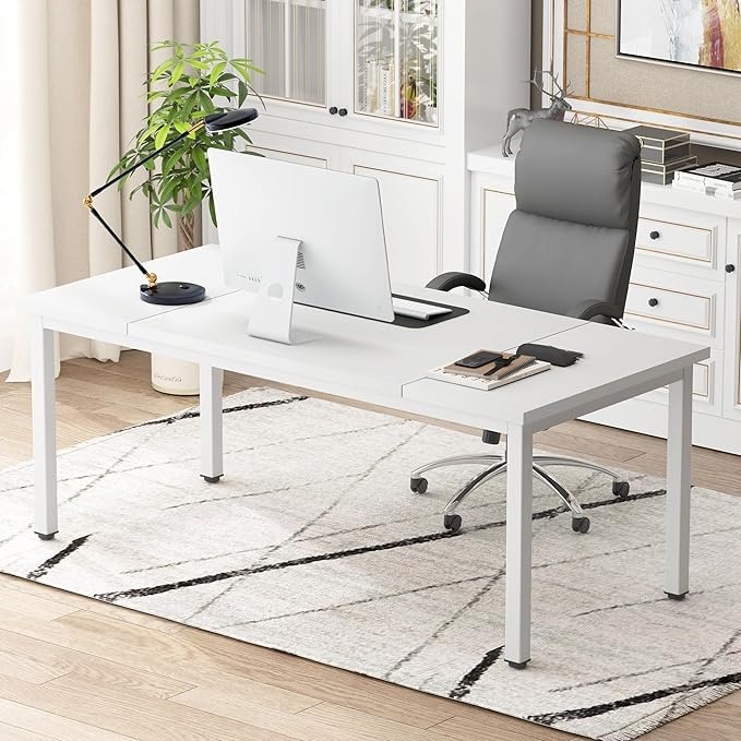 DlandHome Computer Desk, Large Executive Office Desk Computer Table Study Writing Workstation for Home Office,White,70.8 x 31.5 inch