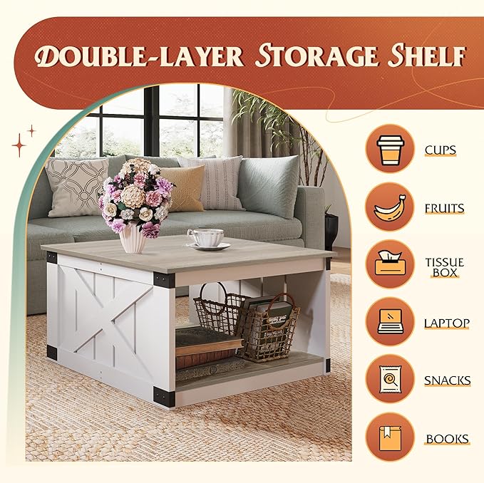 WLIVE Coffee Table, Farmhouse Coffee Table with Open Storage, 31.5" Wood Square Living Room Tables, Rustic Dining Cocktail Center Table for Living Room, Grey & White