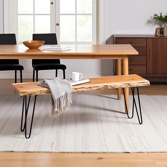 Alaterre Furniture 48” Live Edge Dining Bench – Rustic Industrial Farmhouse Solid Acacia Wood with Metal Hairpin Legs – Ideal for Dining Room, Kitchen, or Entryway