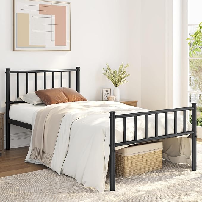 Yaheetech Twin Bed Frame Metal Platform Bed Frame Mattress Foundation with Spindle Headboard & Footboard/No Box Spring Needed/14 Inch Underbed Storage/Firm Support & Easy Set up Structure, Black