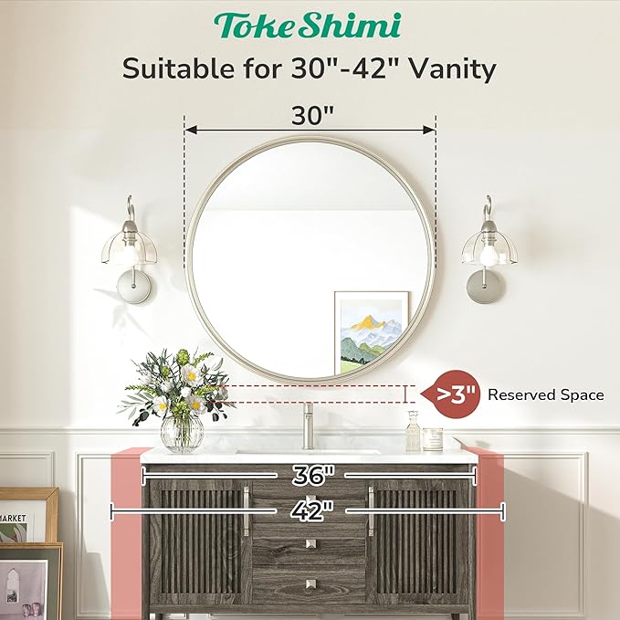 TokeShimi 30 Inch Brushed Nickel Mirror Round Tempered, Shatterproof Bathroom Vanity Mirror Circle, Metal Farmhouse Wall Mounted Mirror for Vanity, Entryway, Bedroom, Restroom, Living Room