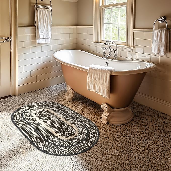 Homespice Manchester Braided Oval Rugs 20x30 - Black and Tan Jute Kitchen Rug for Country Primitive Decor