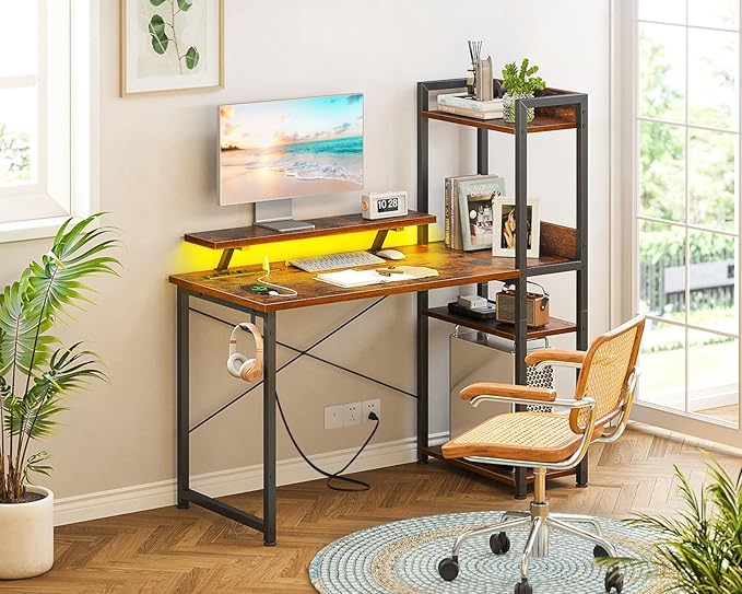 ODK Reversible Gaming Desk with USB Charging Port and LED Lights, 40 Inch Computer Desk with Storage Shelves & Monitor Stand, Writing Study Table for Home Office, Small Space Bedroom, Rustic Brown