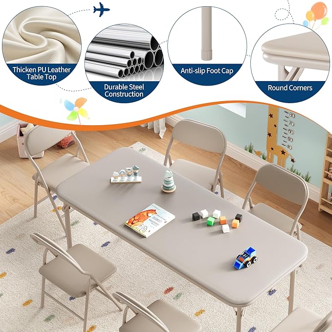 GarveeHome 7-Piece Kids Folding Table and Chairs Set, Toddlers Children's Activity Table and Chairs Set for Dining Room,Daycare,Classrooms