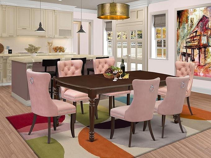 East West Furniture DODA7-MAH-23 7 Piece Kitchen Table Set Includes a Rectangle Dining Table with Butterfly Leaf and 6 Polyester Fabric Upholstered Chairs, 42x78 Inch, Mahogany