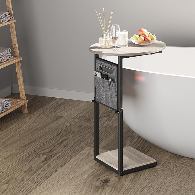 Vagusicc C Shaped End Table, Adjustable Height Small Side Table for Couch and Recliner, 32" Tall Couch Side Table Slide Under Sofa Tray Desk with Storage Bag for Living Room and Bedroom, Greige