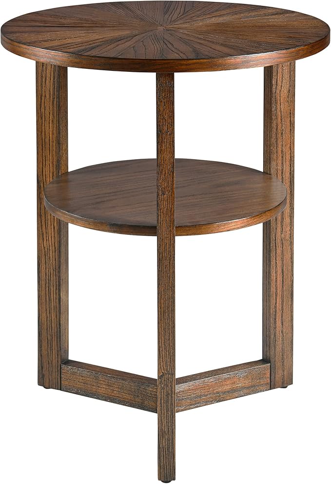 MODERION Round End Table, Rustic Side Table with Storage Shelf, Classic Circular Solid Wood Beside Table, 2-Tier Telephone Table, Nightstand, 24”H x 19.3”D for Living Room Vintage Brown BZ3338NC