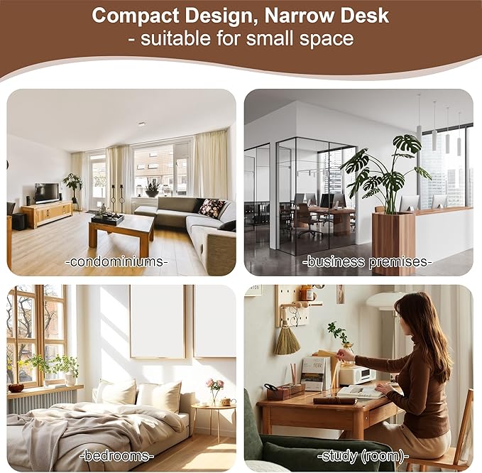 Solid Wood Desk with Drawers - 47 x 16 Inch Vintage Narrow Desks, Mid Century Modern Desks, Rubber Wood Study Table, Small Writing Desk for Bedroom|Small Spaces - Walnut Color