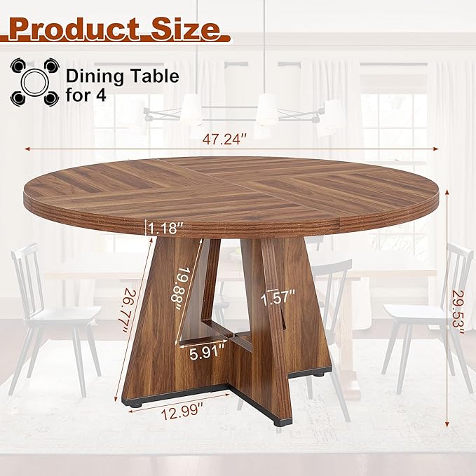 Round Dining Table for 4, 47 Inch Dinner Table Farmhouse Wooden Circle Kitchen Tables with Cross Base for Dining Room, Kitchen, Living Room, Vintage Brown